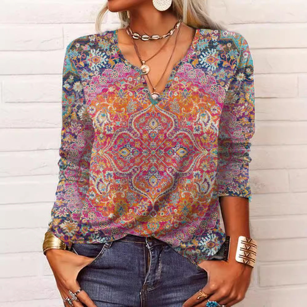 Damen Boho-Print V-Ausschnitt Tunika-Shirt Shop Nory