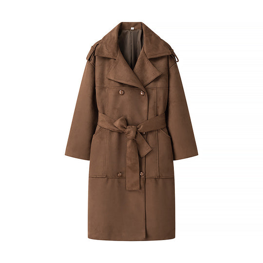 Damen Langer Oversize-Veloursleder-Trenchcoat mit Bindegürtel und Schulterriegeln Shop Nory
