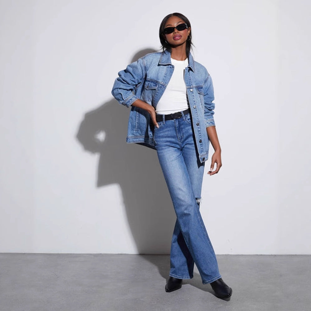 Damen Oversized Denimjacke im lässigen Schnitt mit aufgesetzten Taschen