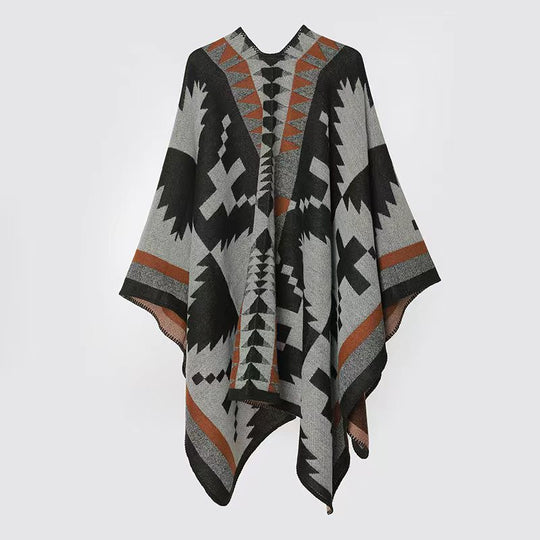 Damen Gewebter Jacquard‑Poncho im Oversize‑Cape mit Ethno‑Geometrischem Muster Shop Nory