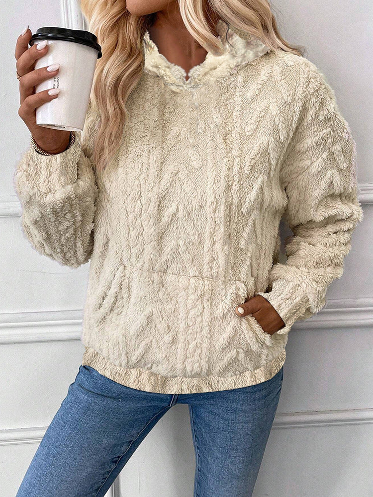 Damen nan kuscheliger Teddyfleece-Pullover mit Kängurutasche und leichtem Stehkragen Shop Nory
