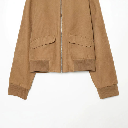 Damen Kurzjacke in Wildlederoptik Bomber mit Reißverschluss, Pattentaschen und Rippbündchen Shop Nory