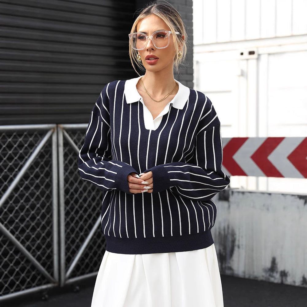 Damen Modischer Strickpullover mit Polo-Kragen und gestreiftem Design Shop Nory