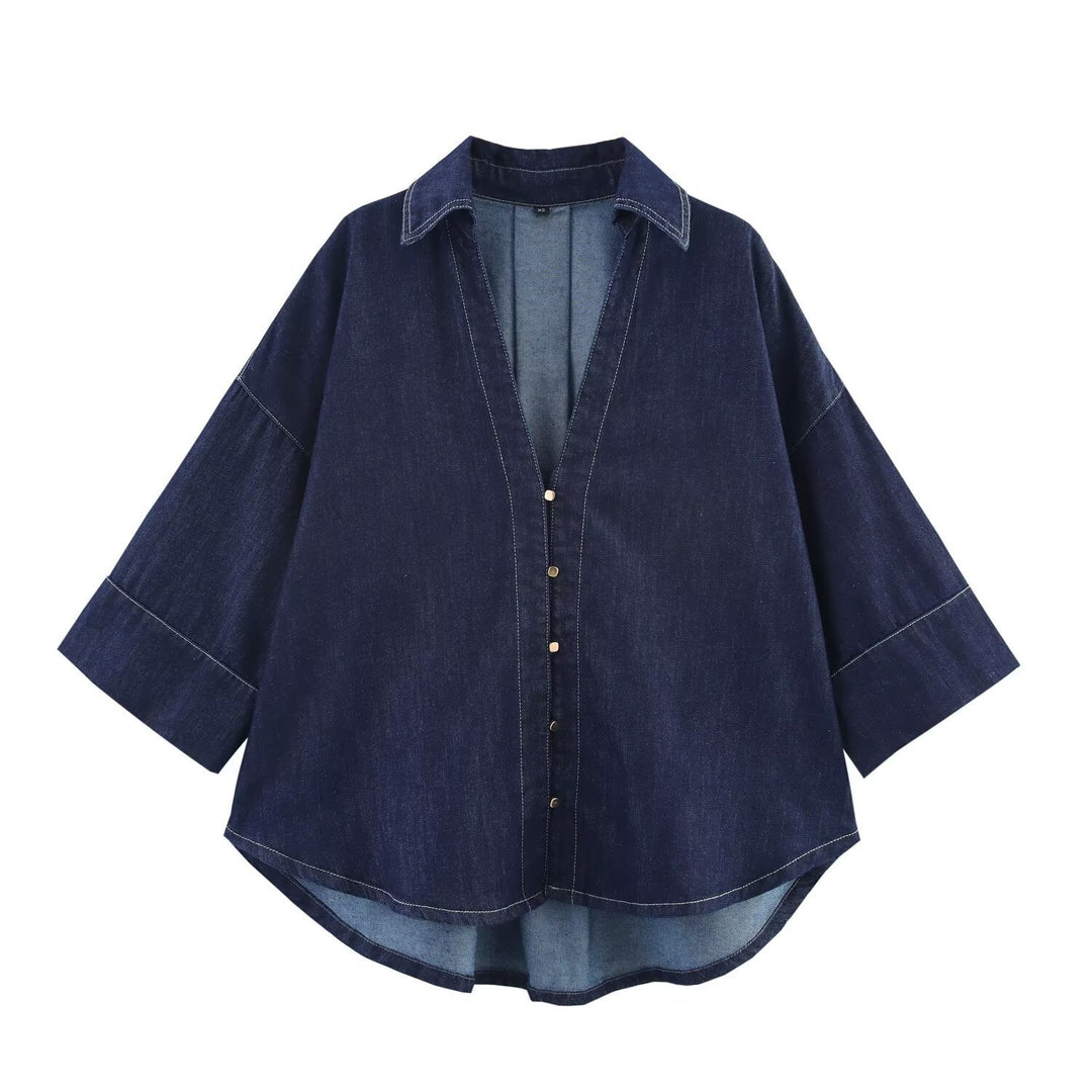 Damen Oversized Denim‑Hemdenjacke mit dreiviertel Ärmeln und High‑Low‑Saum Shop Nory