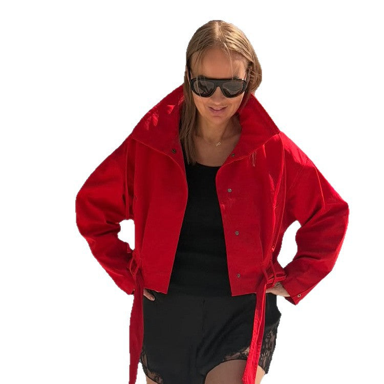 Damen Oversize Kurzjacke mit Taillengürtel und Hemdkragen Shop Nory