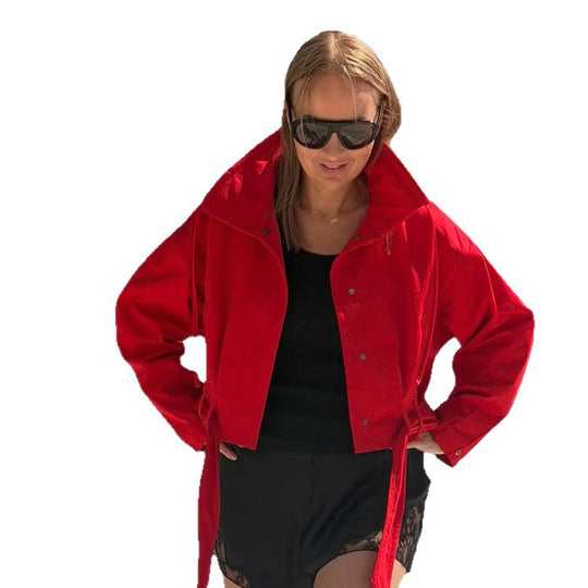 Damen Oversize Kurzjacke mit Taillengürtel und Hemdkragen Shop Nory
