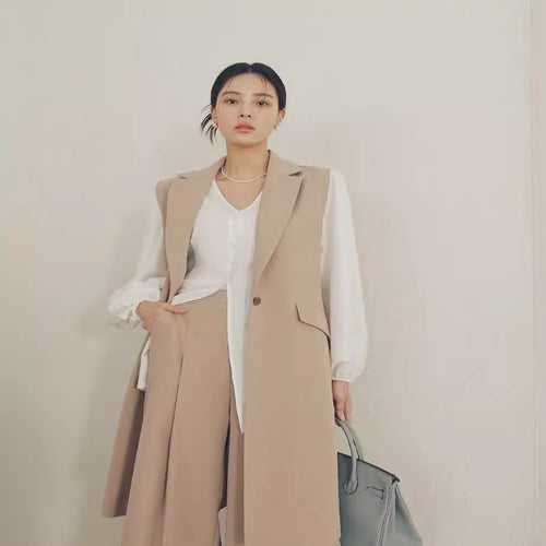Damen Ärmellose Longweste im Tailoring mit Pattentaschen und einreihiger Knopfleiste Shop Nory