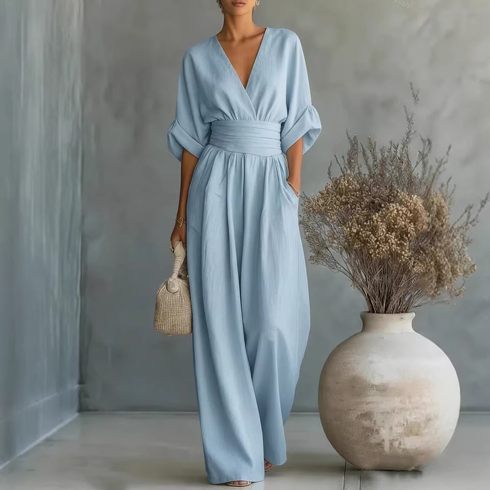 Damen Maxikleid mit V-Ausschnitt und Puffärmeln