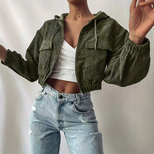 Damen Kurzjacke aus Cord mit Kapuze, Reißverschluss und aufgesetzten Brusttaschen Shop Nory