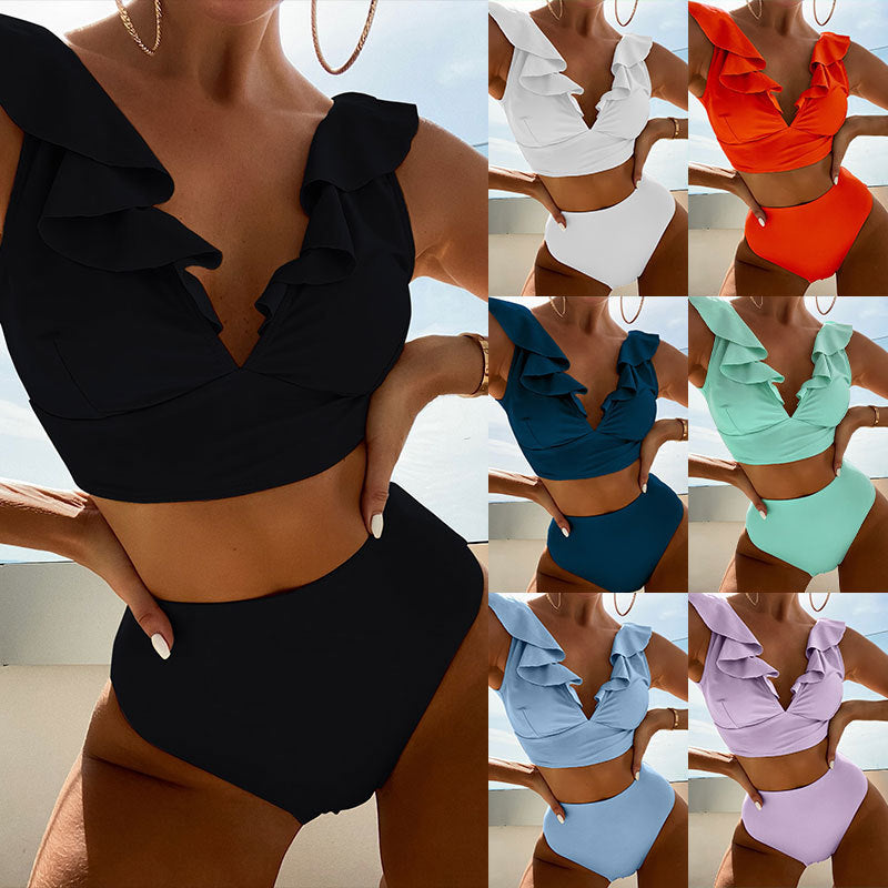 Damen Hoch taillierter Bikini mit voluminösen Rüschen