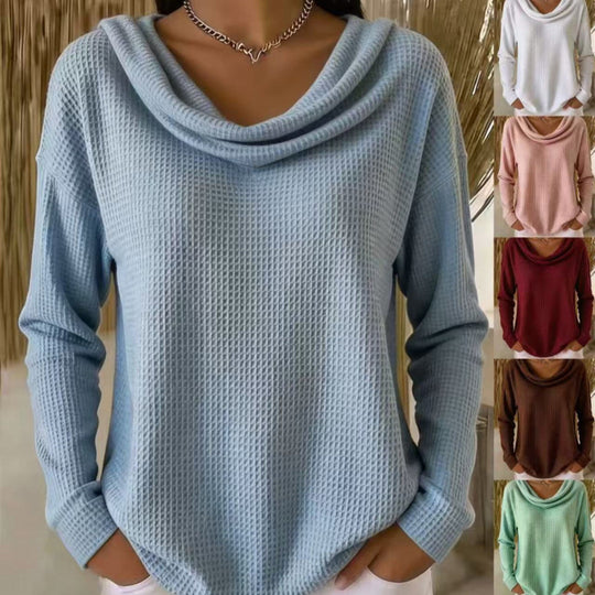 Damen Lässiger Waffelstrick-Pullover mit weitem Wasserfallkragen und gerundetem Saum Shop Nory