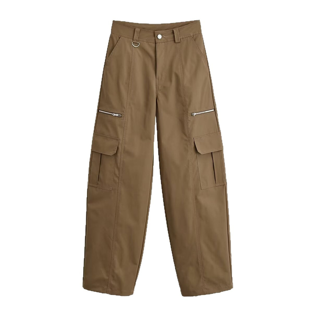 Damen Weite Cargo-Hose mit Utility-Taschen, Reißverschluss-Details und hoher Taille Shop Nory