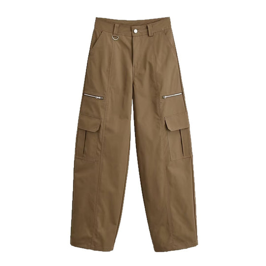 Damen Weite Cargo-Hose mit Utility-Taschen, Reißverschluss-Details und hoher Taille Shop Nory