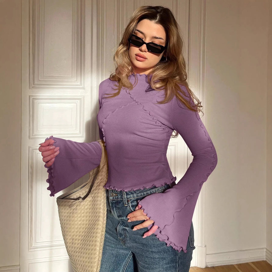 Damen Geripptes Langarmshirt mit Rüschen-Saum und Stehkragen Shop Nory