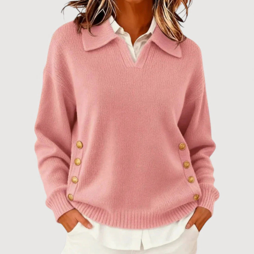 Damen Modischer Strickpullover mit Kragen und Knopfdetails