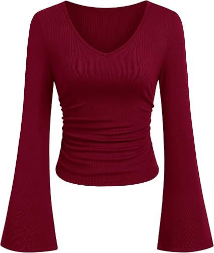 Damen Geripptes Cropped-Top mit V-Ausschnitt, taillierter Raffung und ausgestellten Trompetenärmeln Shop Nory