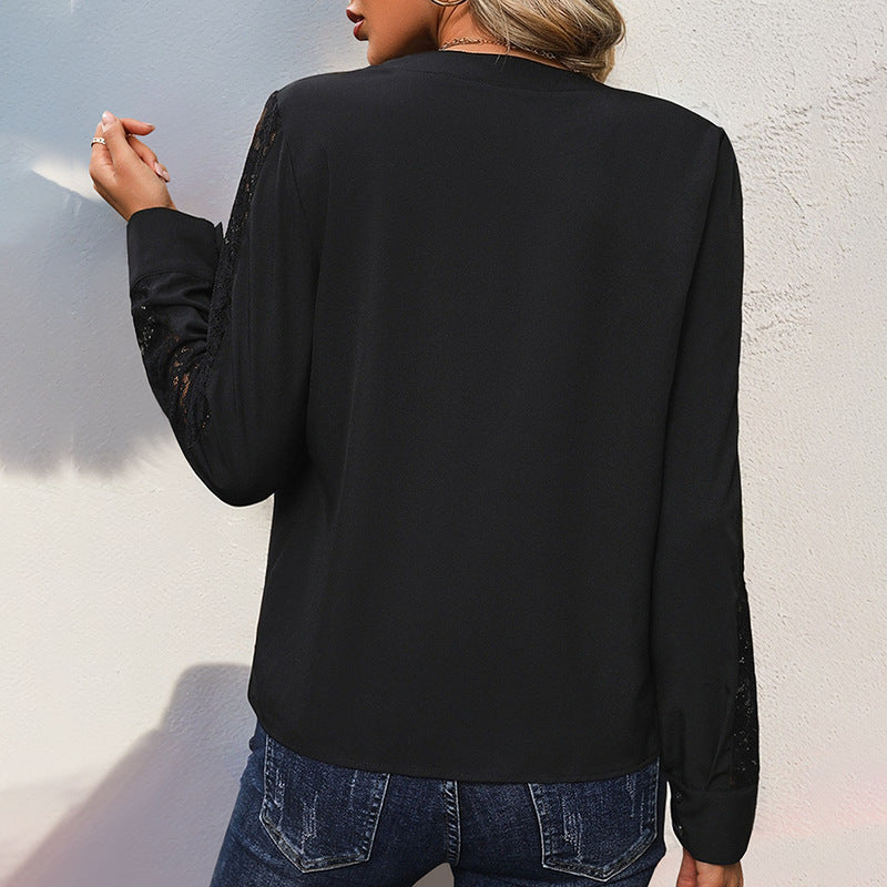 Damen Elegante Chiffonbluse mit Stehkragen, V-Ausschnitt und Spitzenbesatz an Ärmeln Shop Nory