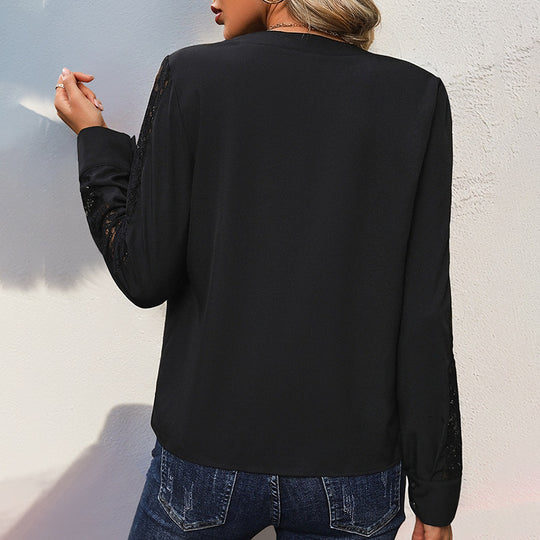 Damen Elegante Chiffonbluse mit Stehkragen, V-Ausschnitt und Spitzenbesatz an Ärmeln Shop Nory
