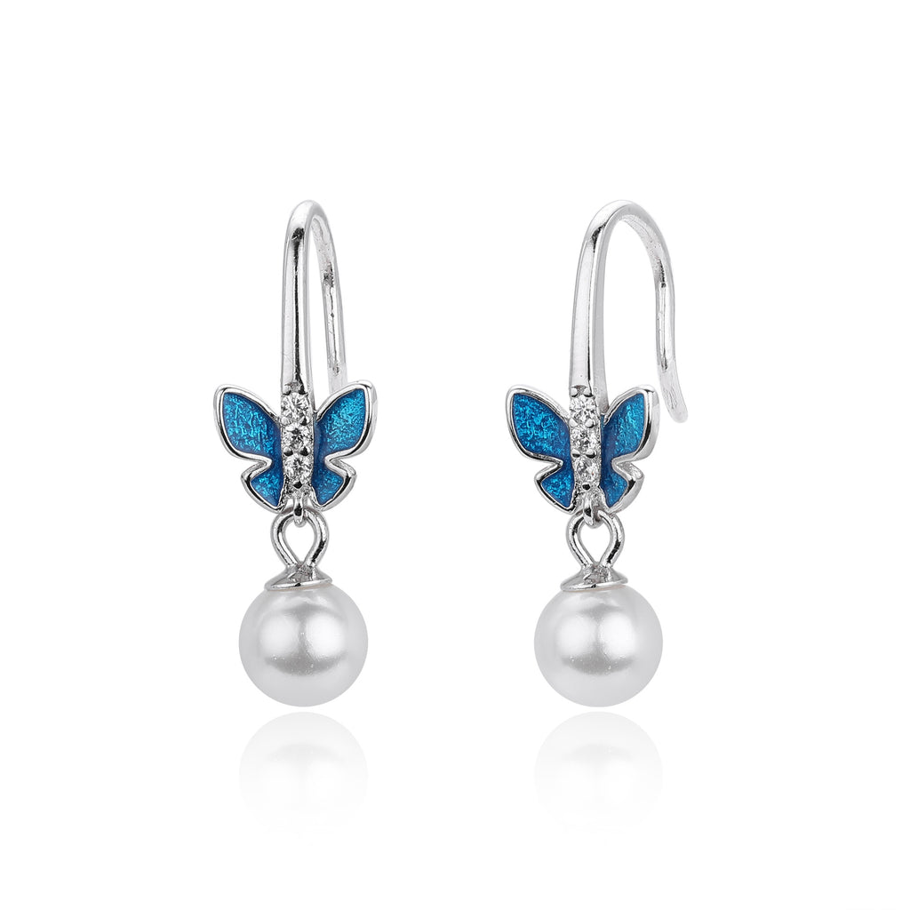 Damen Ohrhänger mit filigranem Schmetterlingsdesign aus hochwertigem 925 Sterling Silber und Perlenakzenten Shop Nory