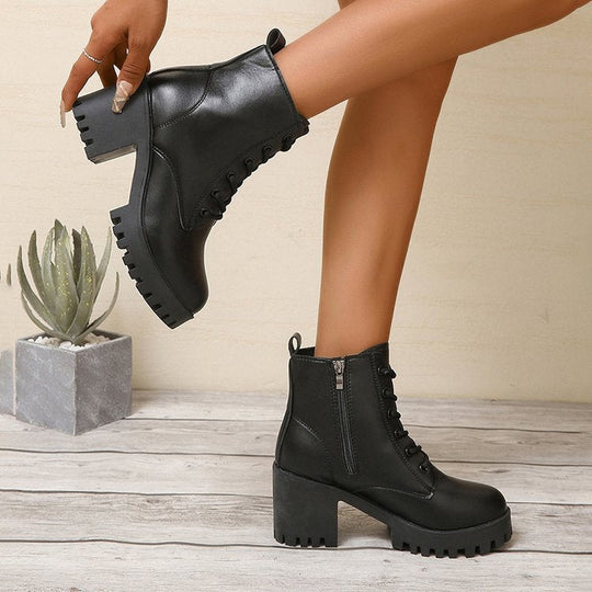 Damen High-Top Stiefeletten mit robustem Blockabsatz und Schnürung