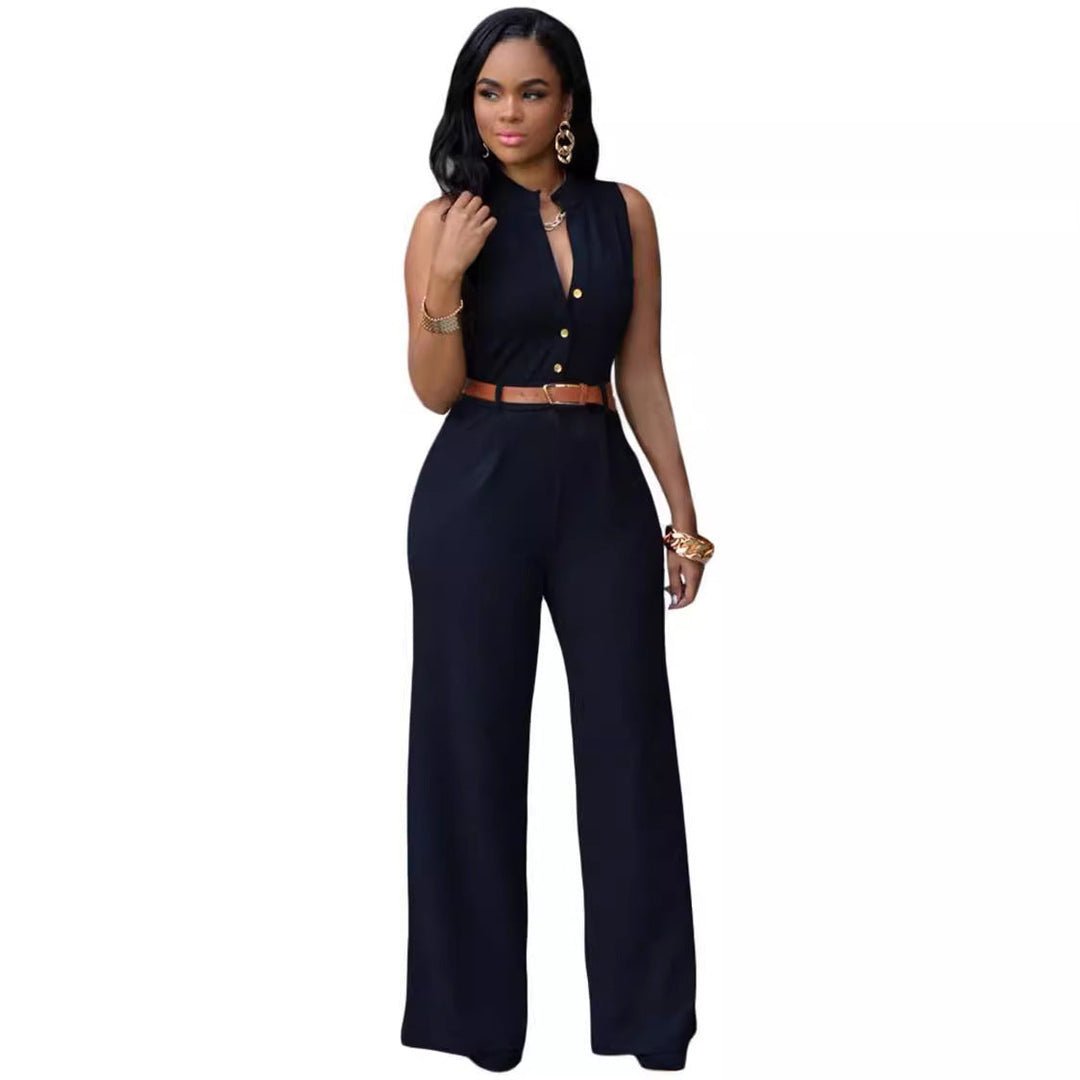 Damen Eleganter Jumpsuit mit Gürtel und Knopfdetail