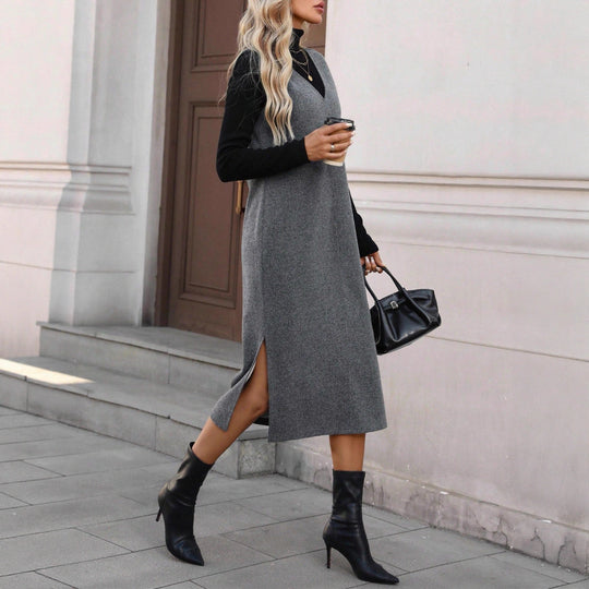 Damen Ärmelloses Wollmix-Midikleid mit tiefem V‑Ausschnitt und geradem Schnitt Shop Nory
