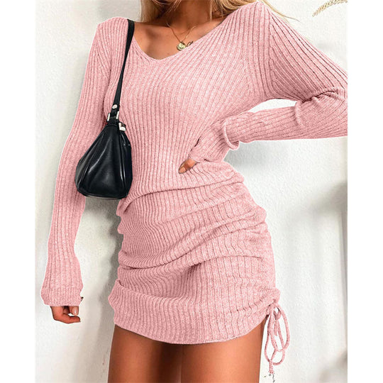 Damen Figurbetontes Rippstrick-Minikleid mit langen Ärmeln und seitlicher Raffung Shop Nory