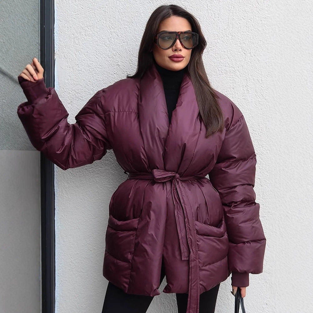 Damen Gesteppte Taillierte Steppjacke mit Schalkragen und Bindegürtel Shop Nory