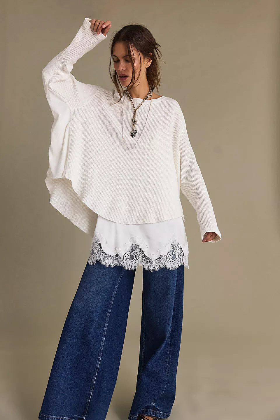 Damen Oversized Waffelstrick-Pullover mit weitem Schnitt und tiefem Raglan Shop Nory