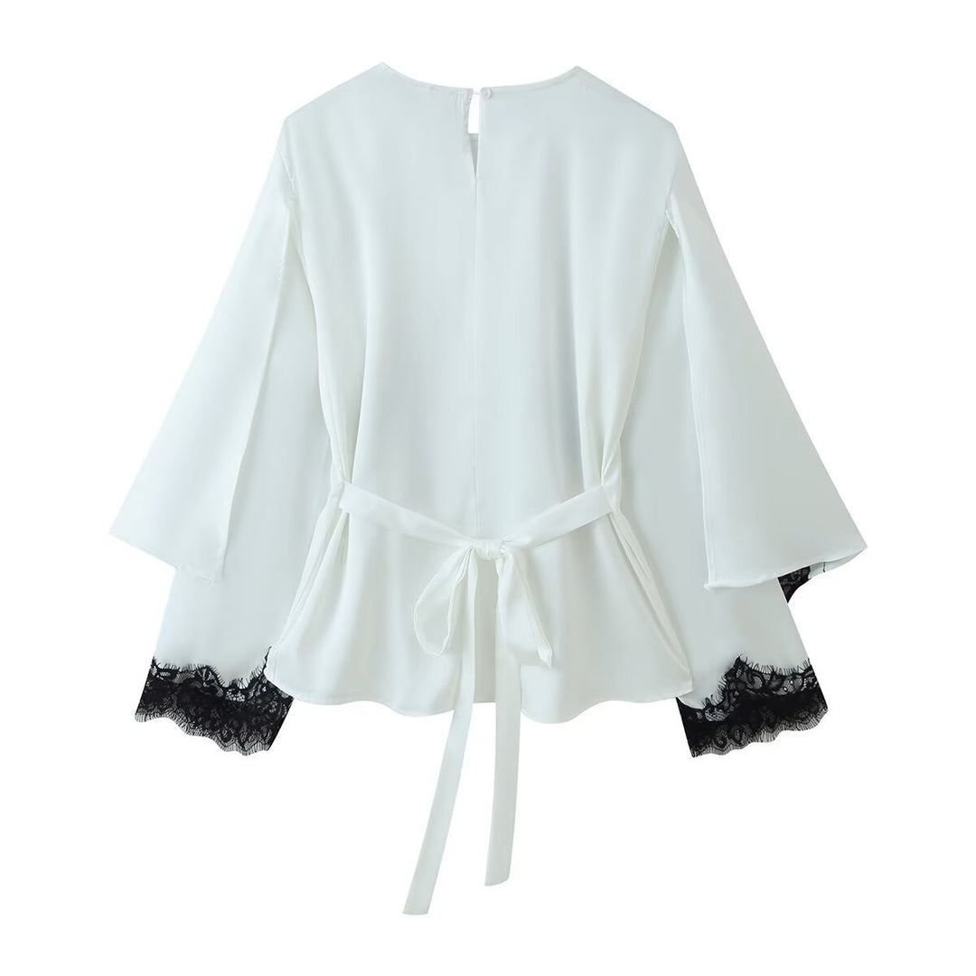 Damen Elegante Chiffonbluse mit Spitzenborte, weitem Kimonoärmel und Bindeband Shop Nory