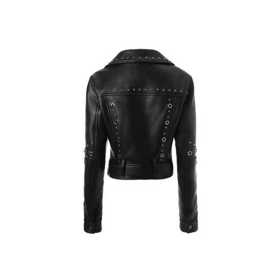 Damen Kurze Kunstleder-Bikerjacke mit Nietenbesatz und breitem Taillengürtel Shop Nory