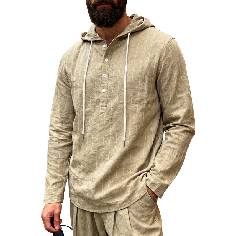 Herren nan Kapuzenshirt aus Leinenmix mit halber Knopfleiste und Nadelstreifen