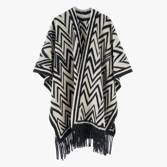 Damen Großer Fransenponcho im Oversize‑Cape mit geometrischem Zickzack‑Jacquard Shop Nory