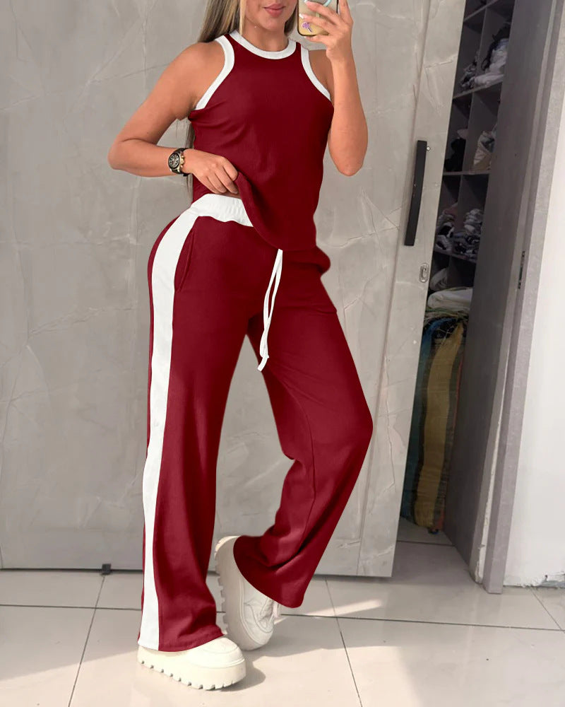 Damen Sportliches Zweiteiler-Set mit ärmellosem Oberteil und weitem Hose Shopnory