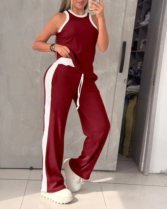 Damen Sportliches Zweiteiler-Set mit ärmellosem Oberteil und weitem Hose Shopnory