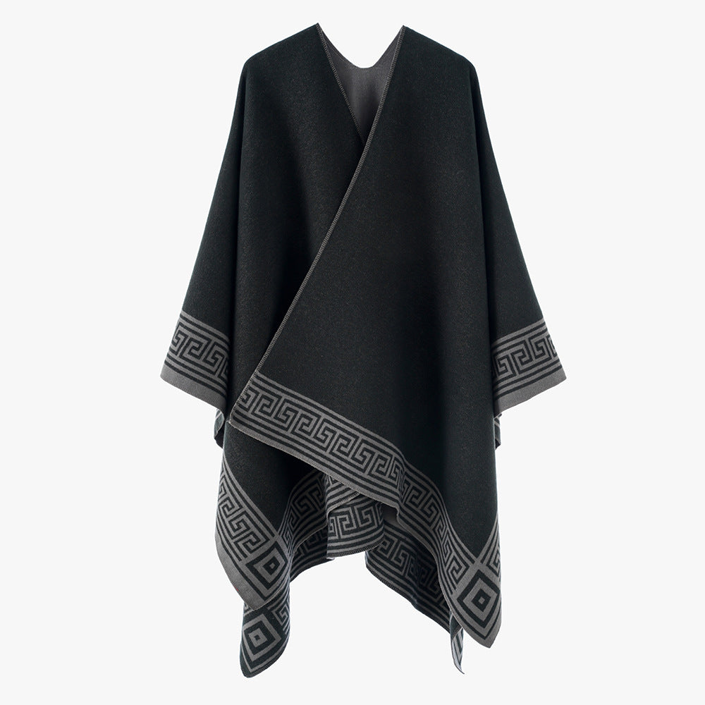 Damen Poncho‑Cape mit griechischer Bordüre, V‑Ausschnitt und kastigem Oversize‑Schnitt Shop Nory