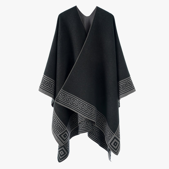 Damen Oversize-Capeponcho im Wickelstil mit Mäanderbordüre und kastiger Silhouette Shop Nory
