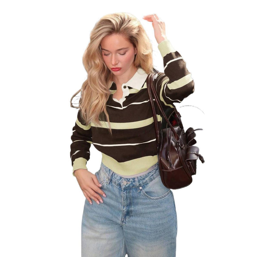 Damen Gestreifter Rugby-Pullover mit Polokragen und gerippten Abschlüssen Shop Nory