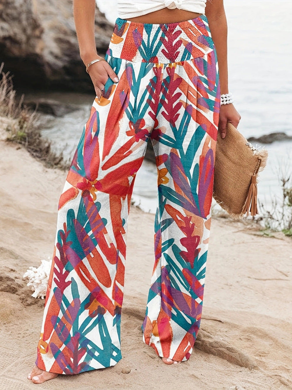 Damen Weit geschnittene Strandhose mit floralem Motiven und elastischem Bund