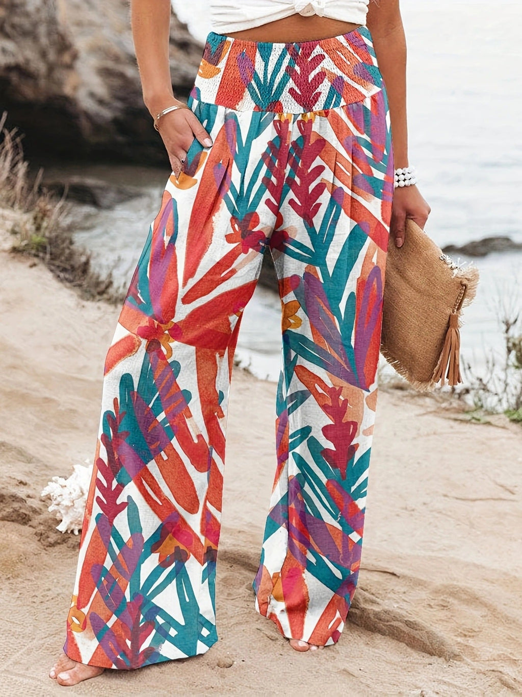 Damen Weit geschnittene Strandhose mit floralem Motiven und elastischem Bund