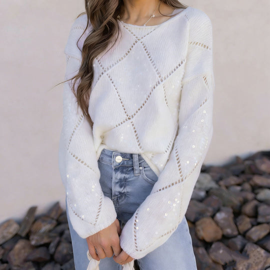 Damen Grobgestrickter Oversize-Pullover mit Ajour‑Rautenmuster und Pailletten Shop Nory