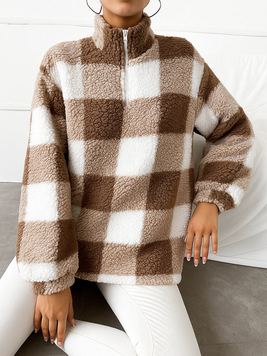Damen nan kariertes Teddy-Fleece Pullover mit Stehkragen und halbhohem Reißverschluss Shop Nory