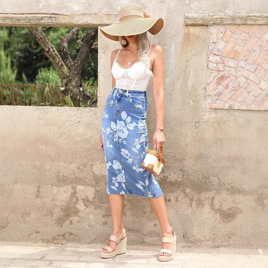 Damen taillenhoher floraler Denim-Bleistiftrock (Midi) Shop Nory