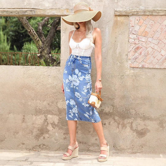 Damen taillenhoher floraler Denim-Bleistiftrock (Midi) Shop Nory