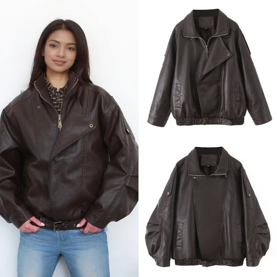 Damen Oversize-Lederimitat-Bomberjacke mit asymmetrischem Reißverschluss und Taillenband Shop Nory
