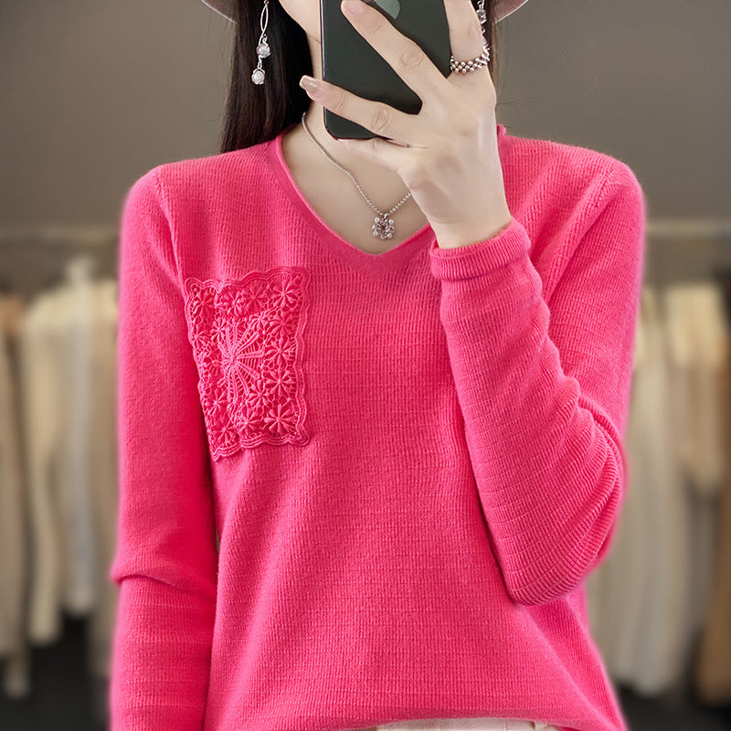 Damen Kaschmir‑Optik V‑Ausschnittpullover mit floraler Häkelapplikation Shop Nory