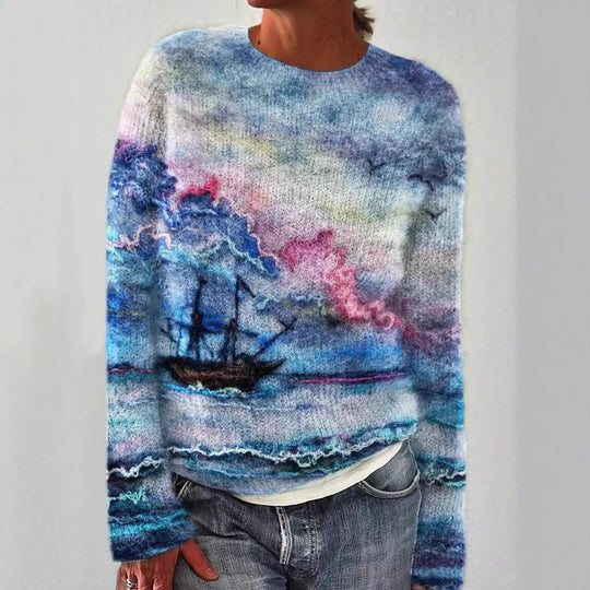 Damen nan bestickter Strickpullover mit reliefartiger Blumenstickerei und Rundhalsausschnitt Shop Nory