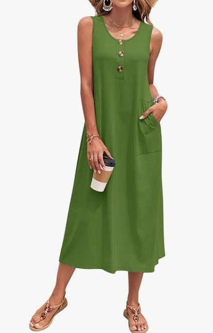 Damen Lässiges Midikleid mit Taschen und Knopfdetails Shopnory