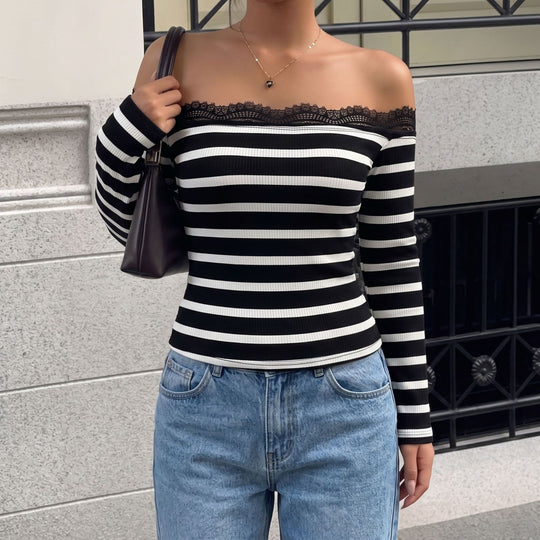Damen Off-Shoulder Streifenoberteil mit Spitzenrand Shop Nory