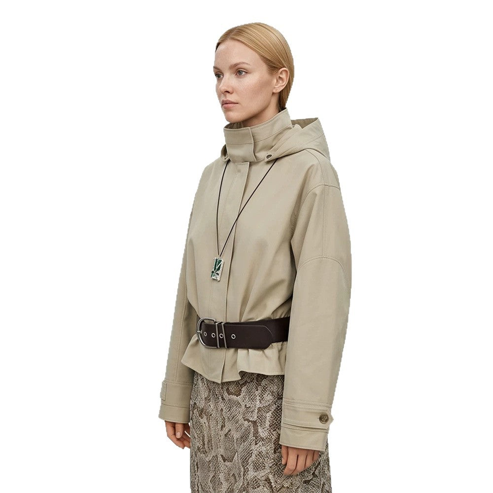 Damen Kurze vegane Lederjacke mit Kapuze, verdeckter Druckknopfleiste und Tunnelzugsaum Shop Nory